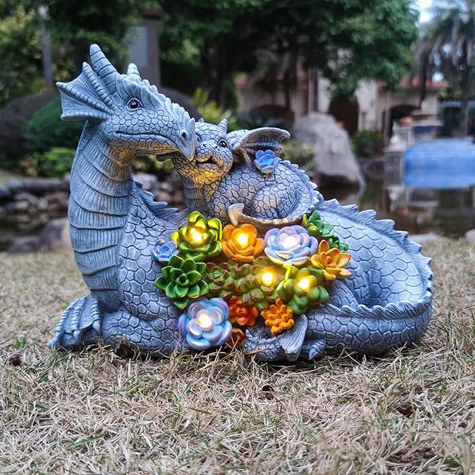 Solar Dragon Statue with LED Lights, Dargon Lover Gifts with Succulent and 6 LED Lights for Outdoor,Solar Dragon Decor for Yard, Garden and Patio, Unique Garden Statue for Mom Grandma