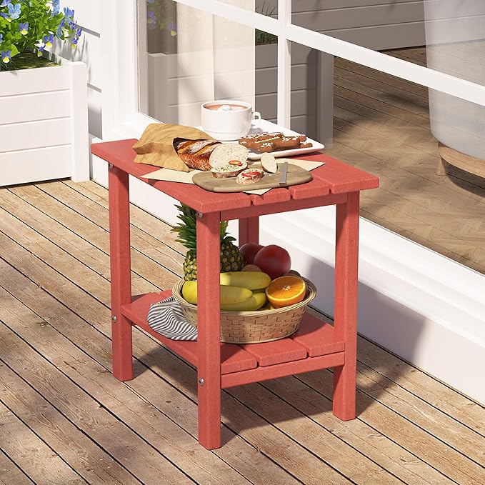 OTSUN Outdoor Side Table, Weather Resistant HDPE Outdoor Table, 2-Tier Small Patio Tables for Outside or Indoor (Red)