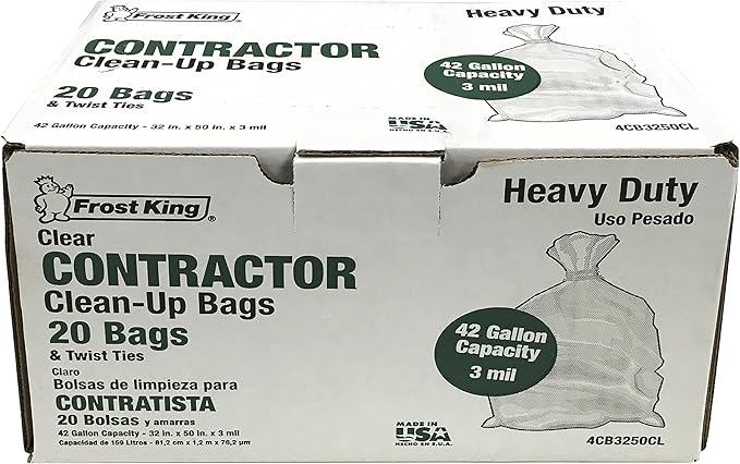 Frost King CB3250 Boxed Heavy Duty Contractor Clean-Up Bags, 32 inch x 50 inch x 3 Mil., 20 Bags, Clear, 1 Count (Pack of 1)