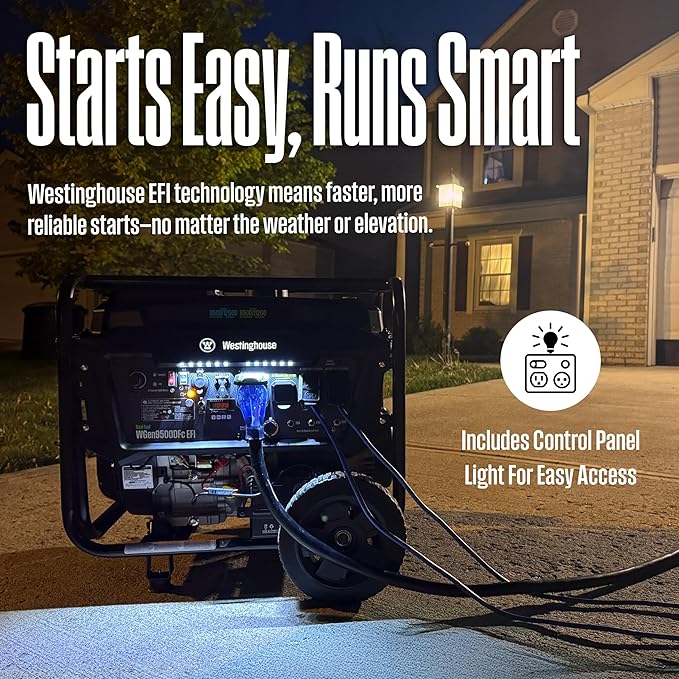 Westinghouse 12500 Peak Watt EFI Dual Fuel Home Backup Portable Generator, Remote Electric Start, Transfer Switch Ready, Gas and Propane Powered, CO Sensor, CARB Compliant