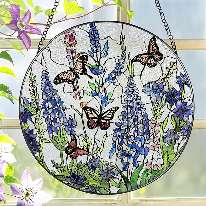Lavender Monarch Butterfly Stained Glass Suncatcher, 8 Inch Windows Hanging Art, Stained Glass Windows Hanging, Plant Lover Gifts for Women, Gifts for Butterfly Lovers, Idea Gift, Gift Exchange