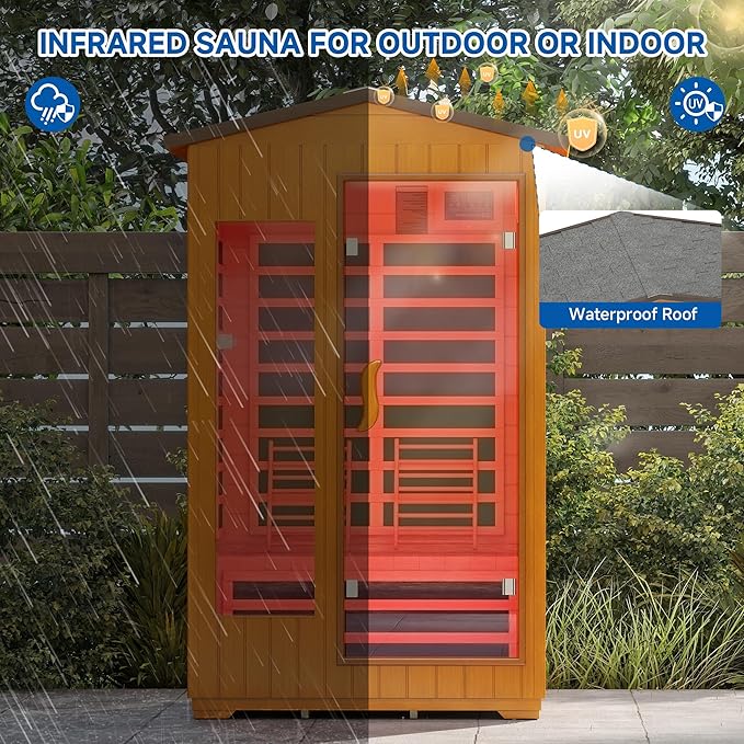 Outdoor Sauna 2 Person, Infrared Sauna for Home, Wooden Dry Saunas Room with Far Low EMF Lighting, Bluetooth Speakers, 7 Colors Chromotherapy for Outdoor Home Spa