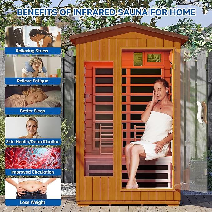 Outdoor Sauna 2 Person, Infrared Sauna for Home, Wooden Dry Saunas Room with Far Low EMF Lighting, Bluetooth Speakers, 7 Colors Chromotherapy for Outdoor Home Spa