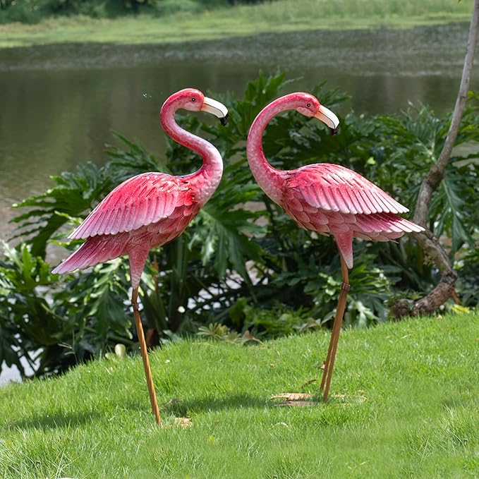 Kircust Flamingo Garden Sculpture & Statues, Metal Birds Yard Art Outdoor Statue, Large Pink Flamingo Lawn Ornaments for Home, Patio, Backyard Decor (2-Pack)