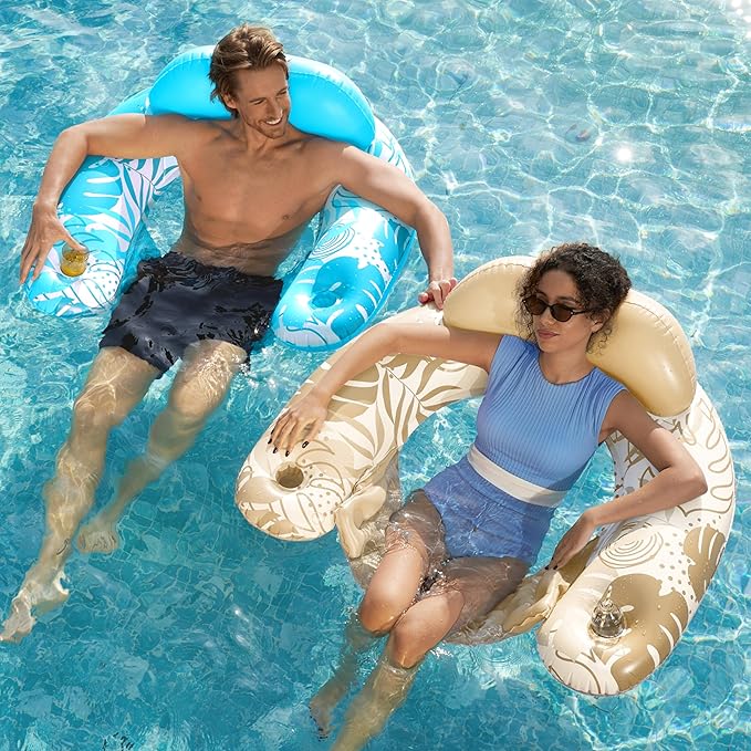 SLOOSH Inflatable Pool Floats Adult,2 Pack Pool Chairs with Cup Holders,Blow up Floats Chair,Hammock Noodle Mat for Relaxing Summer Water Fun Swimming Party Beach
