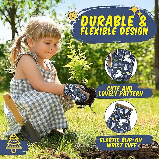 HANDLANDY Kids Genuine Leather Gardening Gloves for ages 3-11, Children Toddler Work Outdoor Playing Gloves for Boys Girls Gift (Large (for age 8-11), Blue)