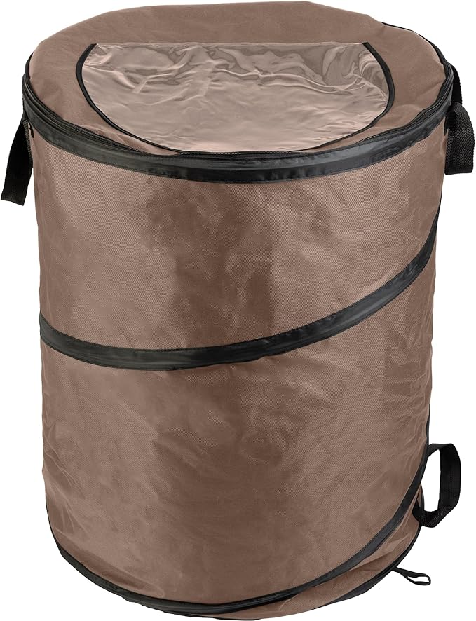 Wakeman Outdoor Trash Can - 46-Gallon Collapsible Garbage Can with 3 Stakes - Pop Up Trash Can for Camping, Storage, or Yard Waste Outdoors (Beige)