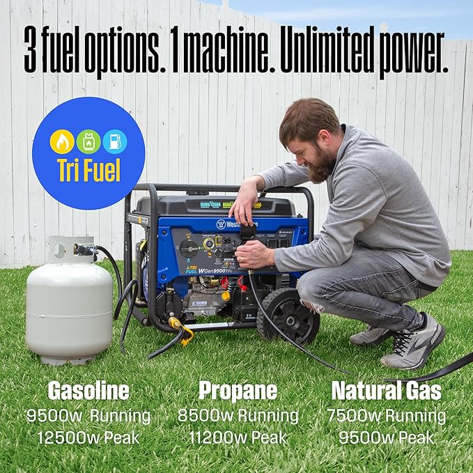 Westinghouse 12500 Peak Watt Tri-Fuel Home Backup Portable Generator, Remote Electric Start, Transfer Switch Ready, Gas, Propane, and Natural Gas Powered