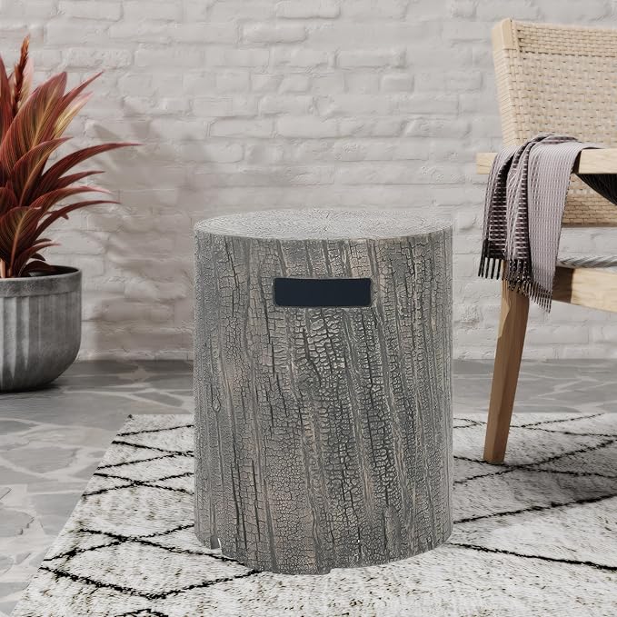 Propane Tank Cover Table for Fire Pits, 20 LB MGO Propane Tank Holder with Side Handles, Outdoor Tank Storage Side Table for Patio, Gas Griddle, Tree-Like Surface, Light Gray