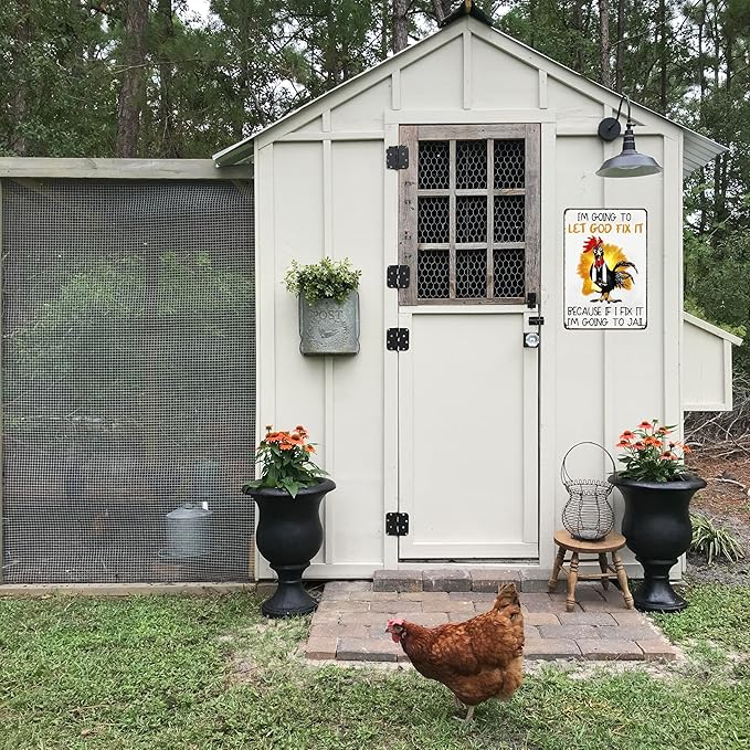 Funny Chicken Gifts I'm Going To Let God Fix It Tin Sign for Home Farm Chicken Coop Farmhouse Kitchen Garden Decor 8 X 12 Inch (3520)