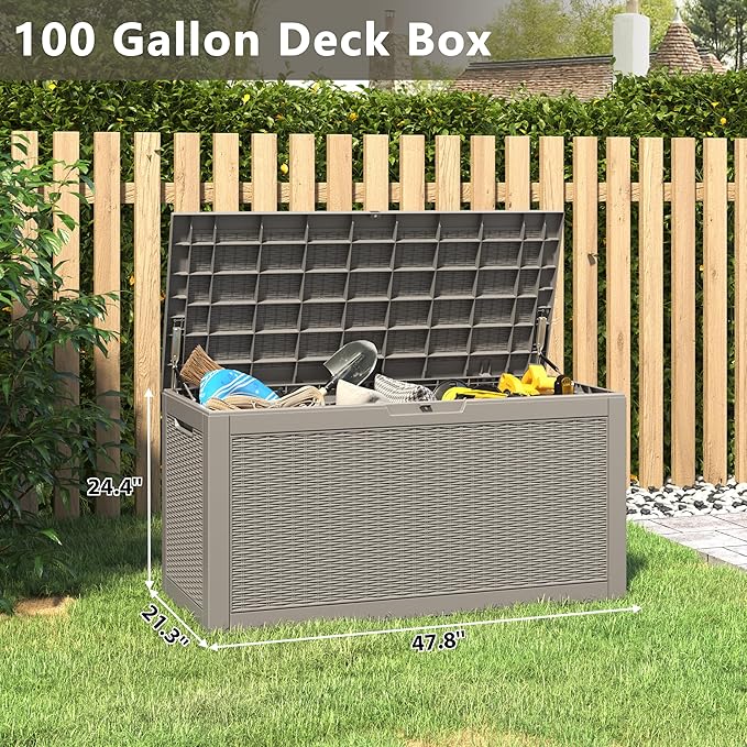 100 Gallon Deck Box Large Outdoor Storage Boxfor Patio Furniture,Outdoor Cushions, Garden Tools, Sports Equipment and Pool Supplies, Waterproof, Resin, Lockable